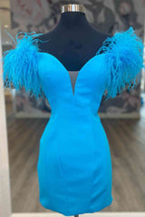 Homecoming Dresses Business Casual Outfits, Fitted Feather Shoulder Blue Tight Homecoming Dress