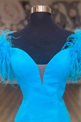 Sundress, Fitted Feather Shoulder Blue Tight Homecoming Dress