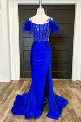 Homecomeing Dresses Bodycon, Side Slit Royal Blue Feathered Shoulder Beaded Long Prom Gown