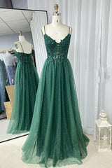 Prom Dress Vintage, Hunter Green A-line Beaded Applique Straps Tulle Long Prom Dress