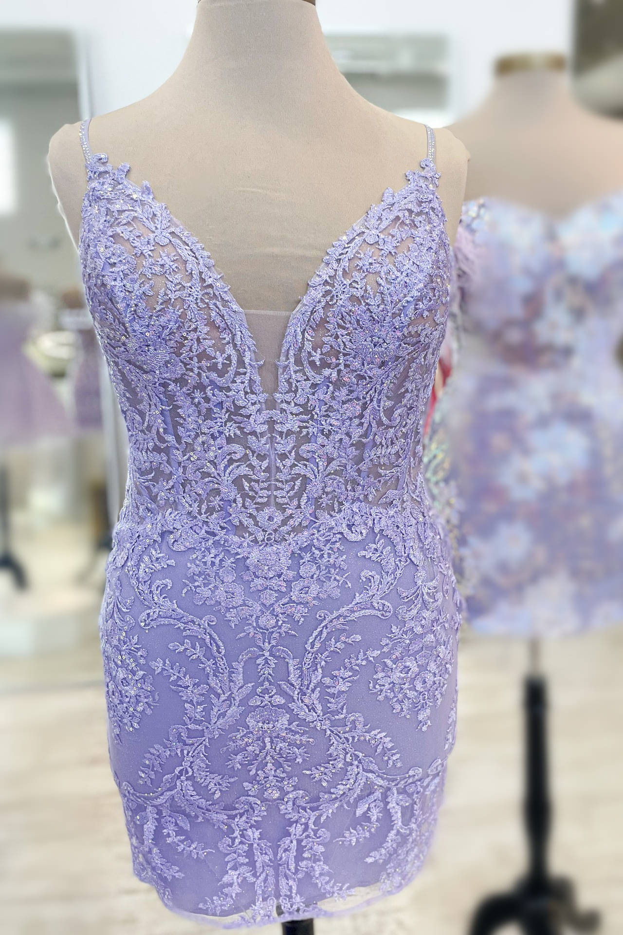 Homecoming Dresses Silk, Plunging Neck Lavender Embroidery Bodycon Homecoming Dress