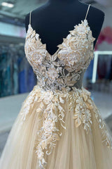 Prom Dresses 2023, V-Neck Champagne Appliques Long Prom Dress with Straps