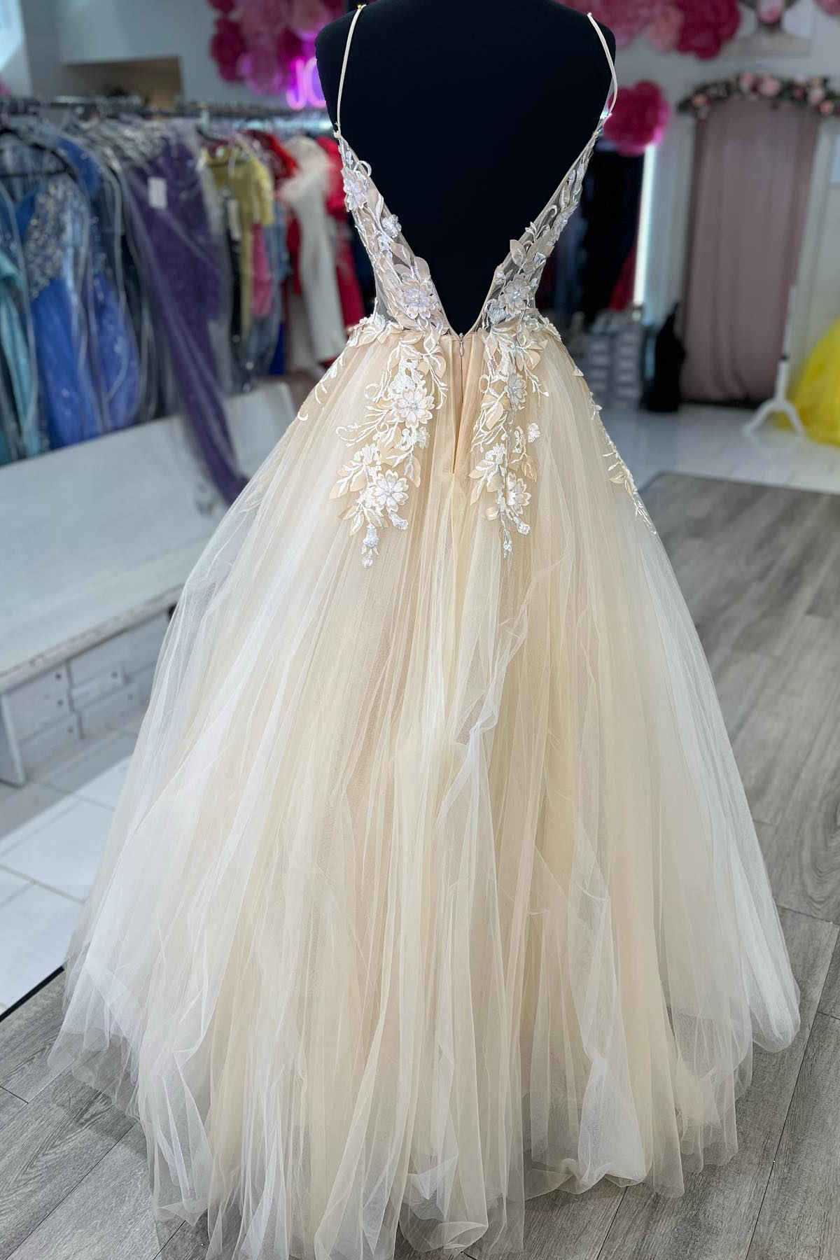 Prom Dresses 2019, V-Neck Champagne Appliques Long Prom Dress with Straps