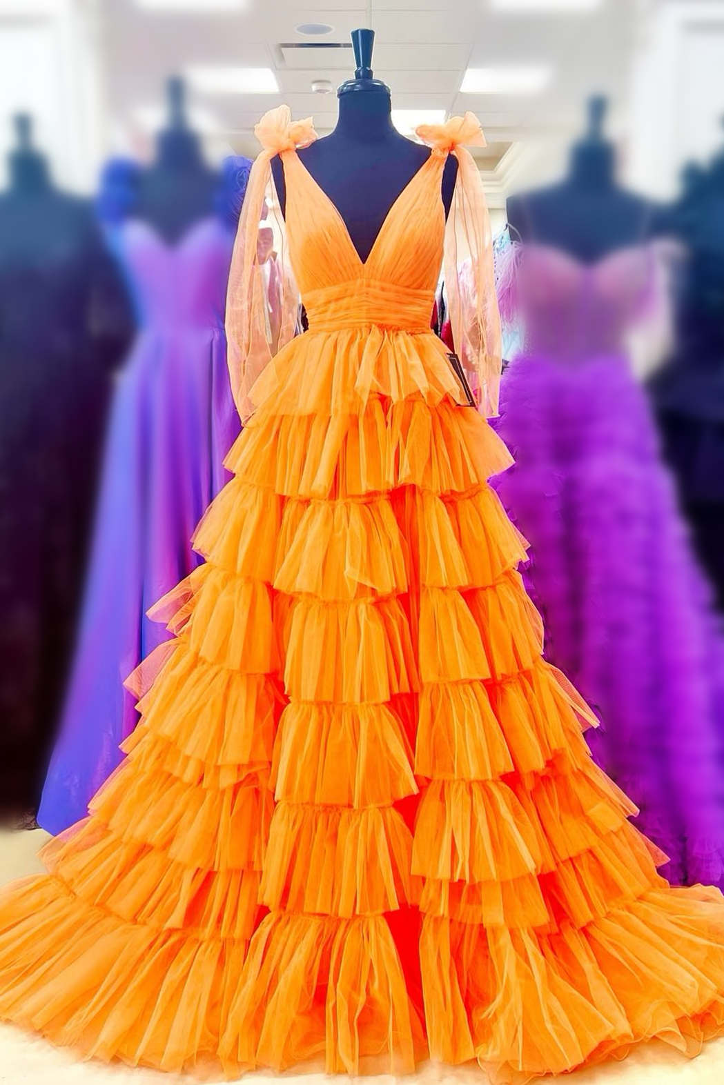 Prom Dresses Elegant, Bow Straps Orange V-Neck Ruffled Tulle Long Prom Dress with Slit