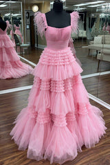 Prom Dresses Styles, Cold Shoulder Pink Feathers A-Line Tiered Prom Dress