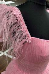 Prom Dresses On Sale, Cold Shoulder Pink Feathers A-Line Tiered Prom Dress