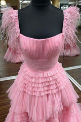 Prom Dress 2040, Cold Shoulder Pink Feathers A-Line Tiered Prom Dress