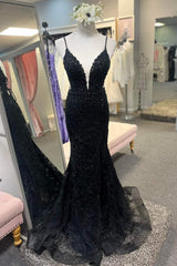 Prom Dress Inspiration, Lace-Up Black Plunging Neck Mermaid Prom Dress with Appliques