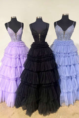 Prom Dress Shopping, Plunging V-Neck Straps Appliques Layered Prom Dress