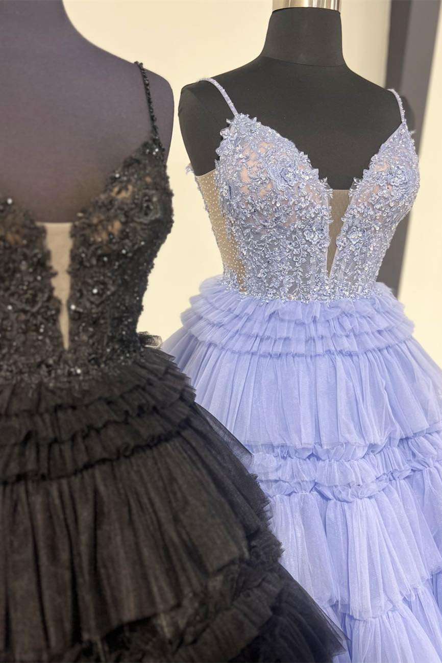 Prom Dress Prom Dress, Plunging V-Neck Straps Appliques Layered Prom Dress
