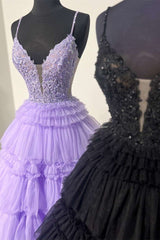 Prom Dress Under 218, Plunging V-Neck Straps Appliques Layered Prom Dress