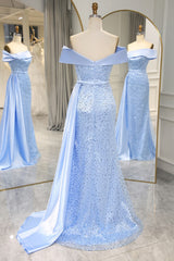 Party Dresses Websites, Glitter Blue Off The Shoulder Mermaid Long Prom Dress with Split