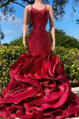 Evening Dress Simple, Fabulous Burgundy Long Mermaid Spaghetti Straps Satin Lace Prom Dress