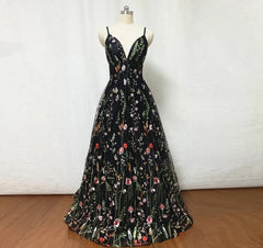 Wedding Dress On Sale, Black Floral Fairy Prom Dress Long Evening Gowns For Wedding
