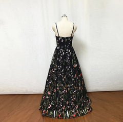 Wedding Dresses On Sale, Black Floral Fairy Prom Dress Long Evening Gowns For Wedding