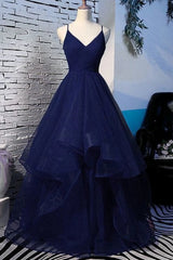 Bridesmaid Dress Mdae To Order, Fluffy V Neck Navy Blue Long Prom Dress, With Straps V Neck Navy Blue Formal Dress, Navy Blue Evening Dress