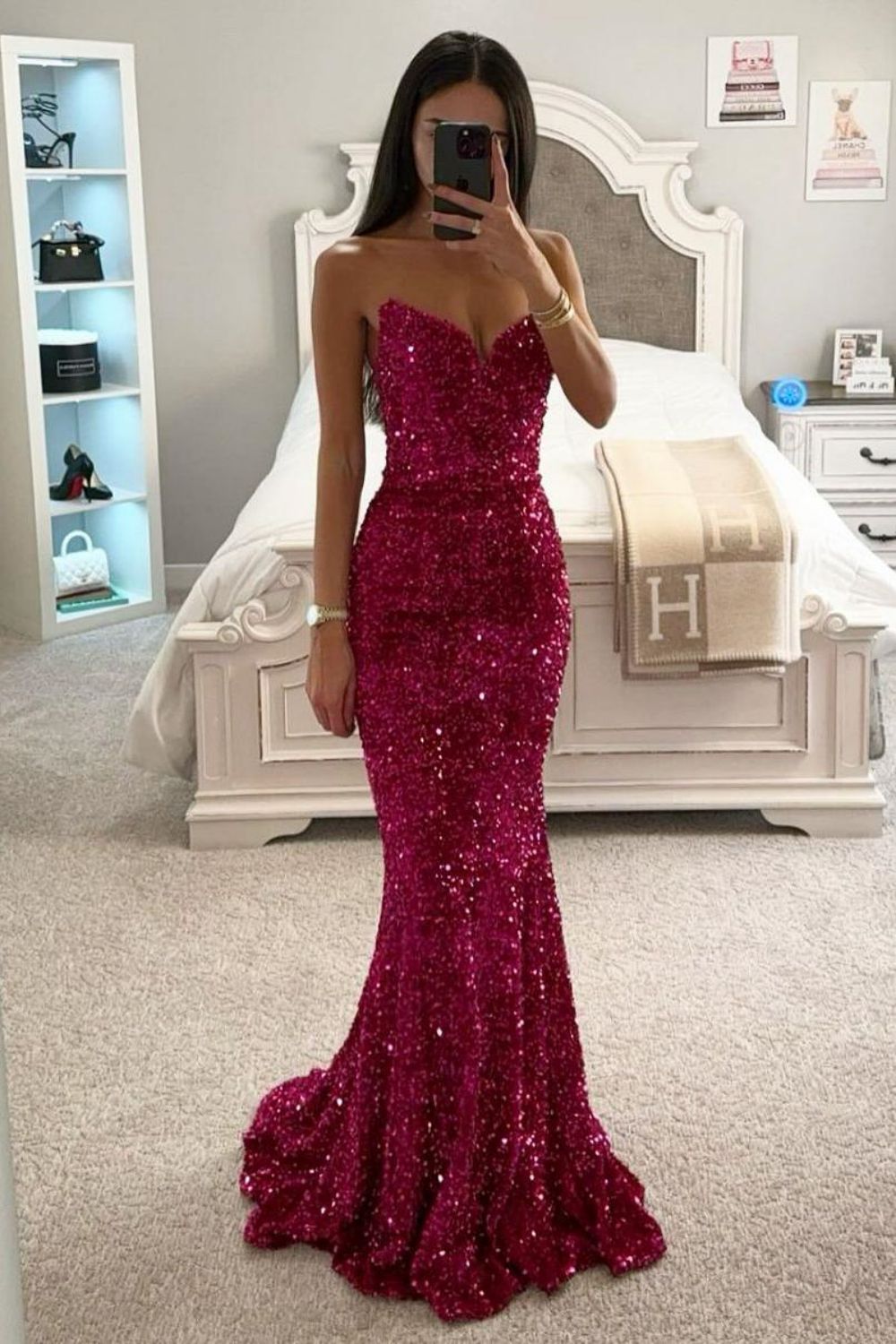 Fuchsia Sparkly Sequin Mermaid Strapless Long Prom Party Dress