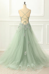 Homecoming Dress Classy, Spaghetti Straps Tulle Green Prom Dress with Appliques