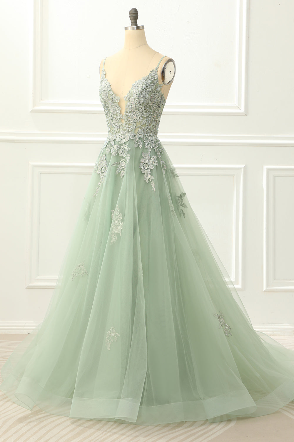 Homecoming Dresses Classy, Spaghetti Straps Tulle Green Prom Dress with Appliques
