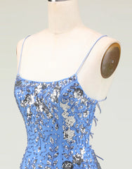Party Dresses For Teen, Glitter Blue Spaghetti Straps Beaded Sequins Short Tight Homecoming Dress