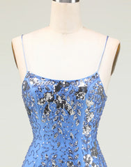 Party Dress For Teens, Glitter Blue Spaghetti Straps Beaded Sequins Short Tight Homecoming Dress