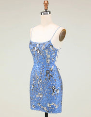 Party Dress Ladies, Glitter Blue Spaghetti Straps Beaded Sequins Short Tight Homecoming Dress