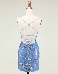 Party Dress For Teen, Glitter Blue Spaghetti Straps Beaded Sequins Short Tight Homecoming Dress