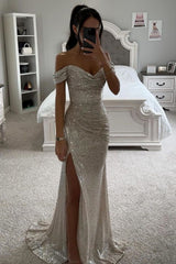 Glitter Gold Mermaid Off The Shoulder Long Prom Dress With Slit