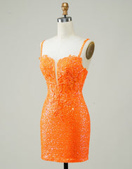 Party Dresses Store, Glitter Orange Spaghetti Straps Orange Tight Sequined Homecoming Dress