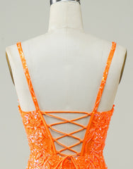 Party Dress Stores, Glitter Orange Spaghetti Straps Orange Tight Sequined Homecoming Dress