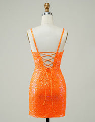 Party Dress Dress Up, Glitter Orange Spaghetti Straps Orange Tight Sequined Homecoming Dress