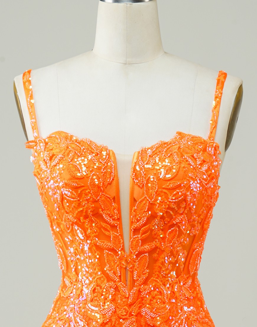 Party Dresses Stores, Glitter Orange Spaghetti Straps Orange Tight Sequined Homecoming Dress