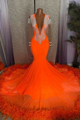 Evening Dresses Boutique, Gorgeous Orange Long Mermaid Tassel V-neck Prom Dress with Sleeves
