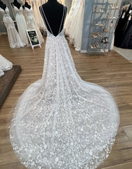 Wedding Dresses Stores, Gorgeous A-Line V-Neck Open Back Chapel Train Wedding Dress