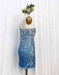 Bridesmaid Nail, Gorgeous Sparkly Sequin One Shoulder Tight Homecoming Dress With Fringe