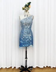 Short Prom Dress, Gorgeous Sparkly Sequin One Shoulder Tight Homecoming Dress With Fringe