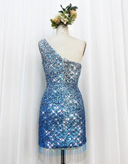 Floral Bridesmaid Dress, Gorgeous Sparkly Sequin One Shoulder Tight Homecoming Dress With Fringe