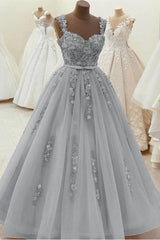 Formal, Gorgeous Sweetheart Neck Beaded Gray Floral Lace Grey Floral Lace Gray Prom Dresses
