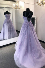 Formal Dress Homecoming, Lilac Lace Applique Back Open with Train Bridal Party Dresses