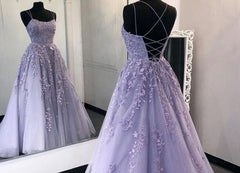 Formal Dress With Sleeve, Lilac Lace Applique Back Open with Train Bridal Party Dresses