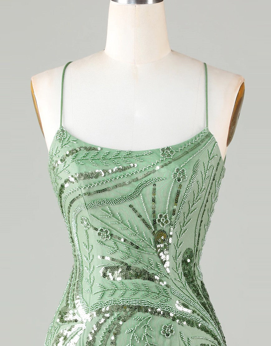 Party Dress Large Size, Cute Green Spaghetti straps  Lace Up Sequined Homecoming Party Dress