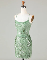 Party Dresses Summer Dresses, Cute Green Spaghetti straps  Lace Up Sequined Homecoming Party Dress