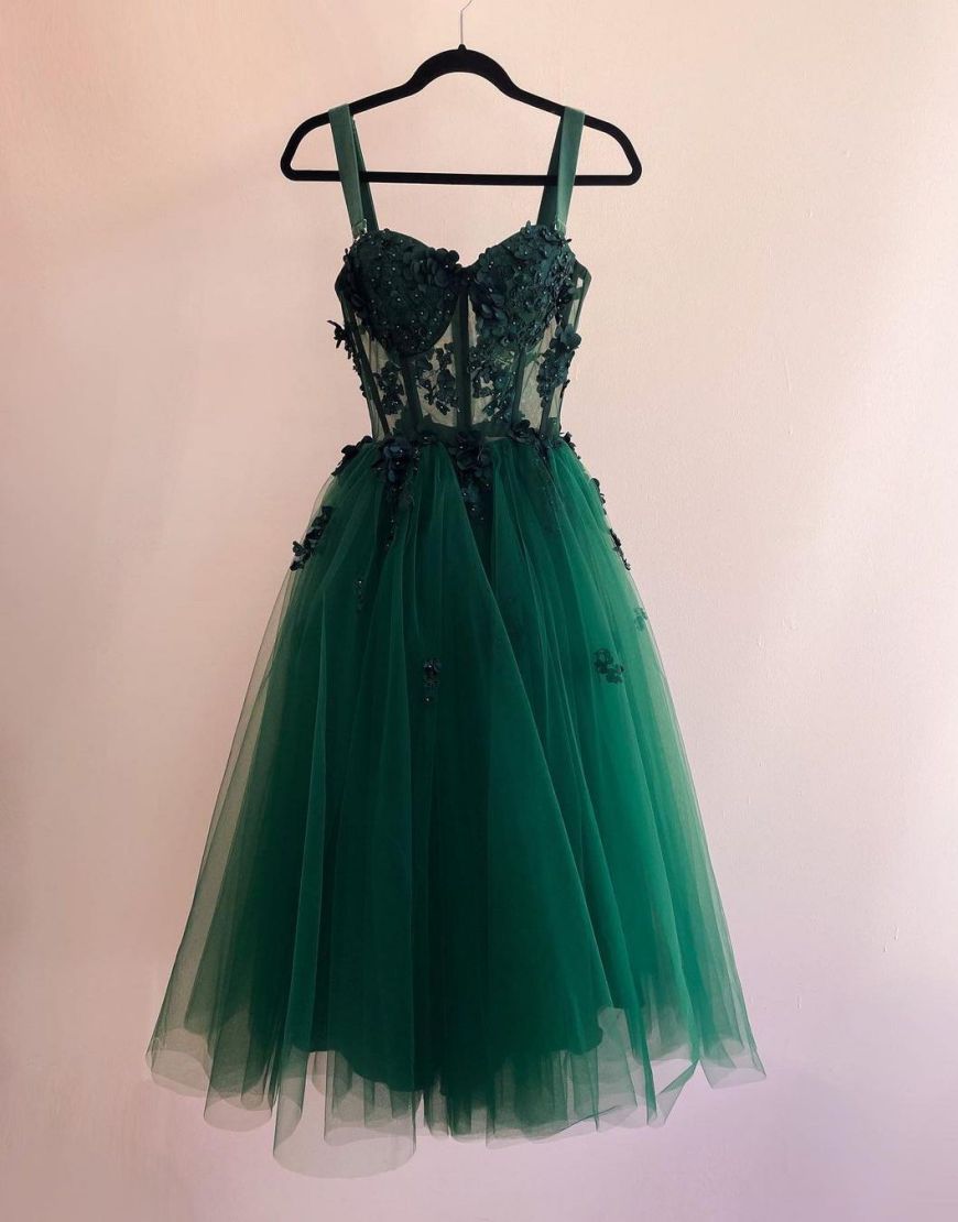 Wedding Shoes Bride, Green Knee Length Straps Tulle Homecoming Dress With Appliques