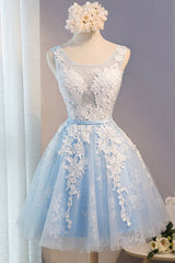 Bridesmaids Dress Color, Light Blue Tulle Lace Applique Short Homecoming Dresses with Straps