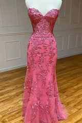 Homecoming Dress Floral, Coral Sweetheart Lace-Up Long Mermaid Prom Dress with Appliques