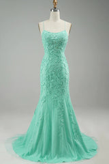 Prom Dress 2035, Mint Spaghetti Straps Appliques Mermaid Long Prom Dress