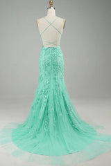 Bridesmaid Propos, Mint Spaghetti Straps Appliques Mermaid Long Prom Dress