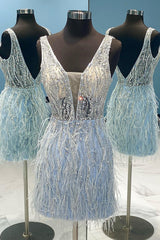Bridal Bouquet, Light Blue Beaded Sequins Tight Homecoming Dress with Feathers