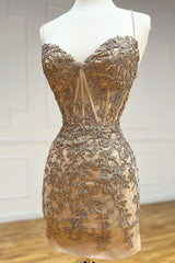 Party Dress Outfits, Champagne Spaghetti Straps Tight Short Homecoming Dress with Appliques