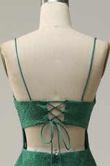 Homecoming Dress Websites, Mermaid Spaghettti Straps Dark Green Sequins Long Prom Dress with Split Front